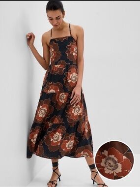 Gap Linen Blend Floral Tiered Maxi Dress in Black and Rust